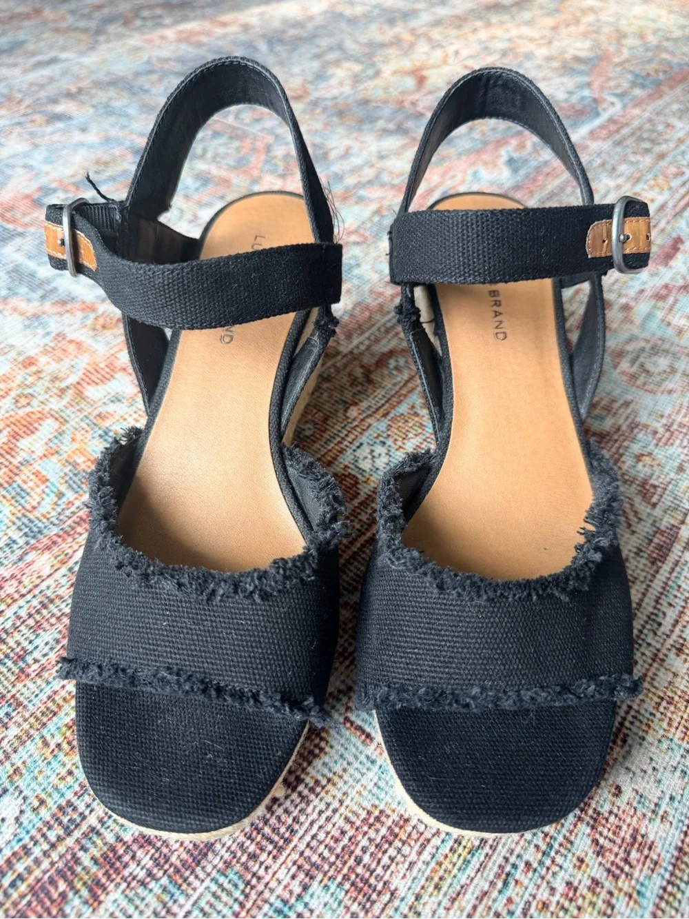 Lucky Brand Mindra Espadrille Wedge Sandal Black Frayed Canvas Women’s 8.5